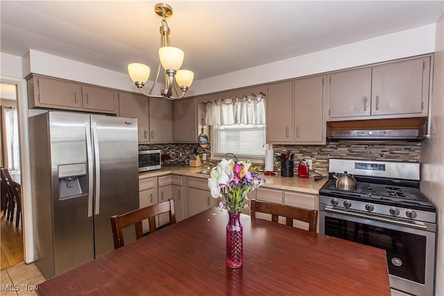 kitchen with pendant lighting, stainless steel appliances, light countertops, and under cabinet range hood