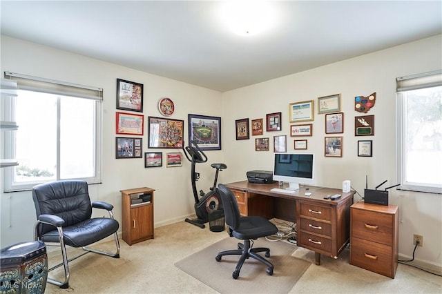 home office with light carpet and baseboards