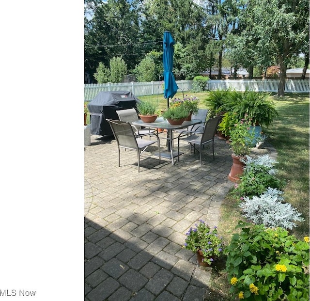 view of patio with outdoor dining area, a fenced backyard, and area for grilling