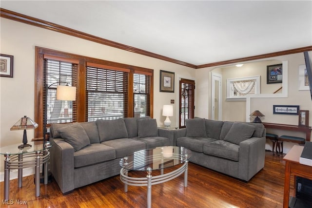 living area with dark wood-type flooring and crown molding