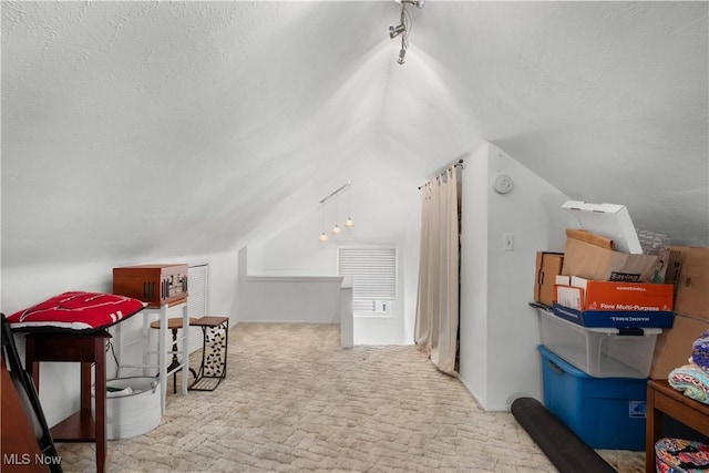 additional living space with a textured ceiling, carpet, and lofted ceiling