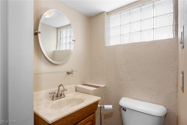 bathroom with toilet, a textured wall, and vanity