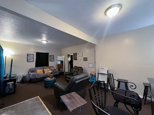 carpeted living area featuring a textured ceiling