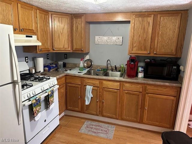 kitchen featuring light countertops, brown cabinetry, a sink, white appliances, and under cabinet range hood