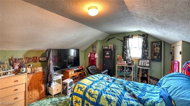 bedroom with lofted ceiling, carpet floors, and a textured ceiling