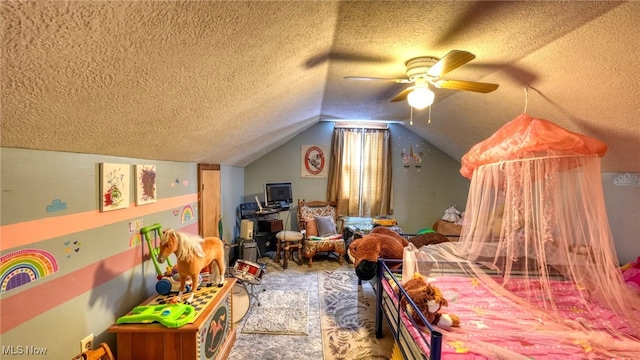 interior space with a ceiling fan, vaulted ceiling, and a textured ceiling