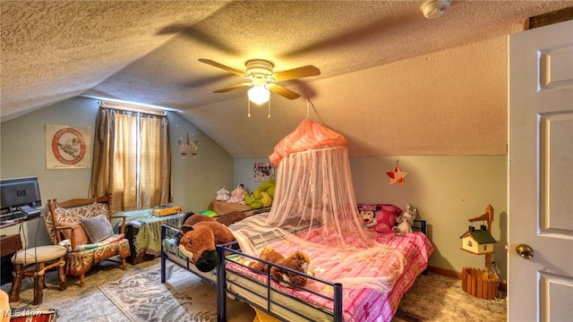 bedroom featuring lofted ceiling, ceiling fan, a textured ceiling, and baseboards