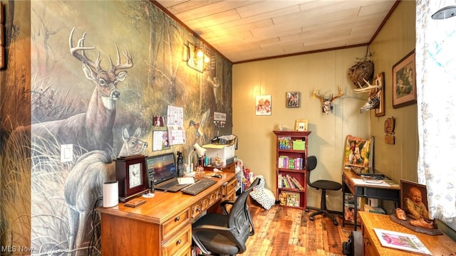 office area featuring ornamental molding and wood finished floors