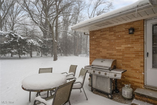 snow covered patio with entry steps and area for grilling