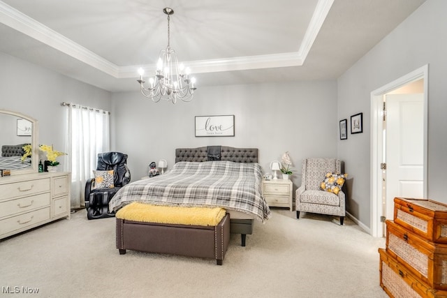 bedroom featuring a raised ceiling, light carpet, and crown molding