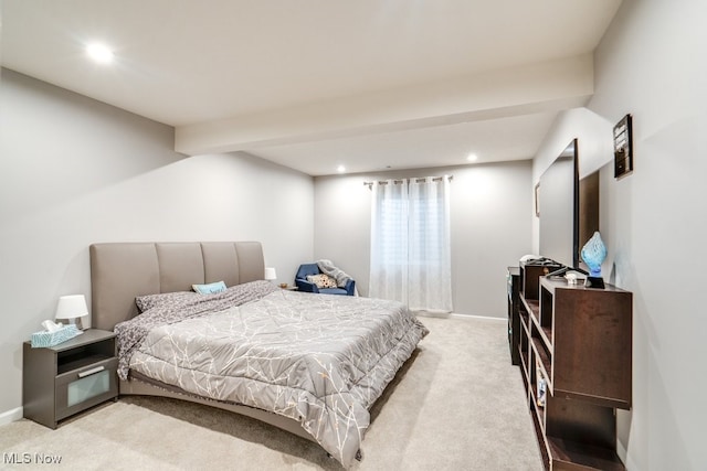 bedroom with light carpet, baseboards, and recessed lighting