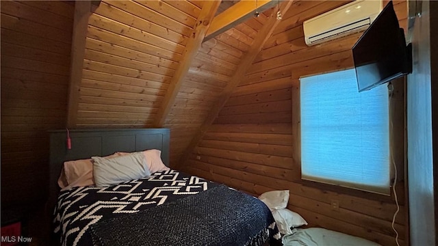 unfurnished bedroom featuring lofted ceiling with beams, wood walls, a wall unit AC, and wood ceiling