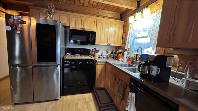 kitchen featuring wooden ceiling, light wood-style flooring, beamed ceiling, black appliances, and a sink