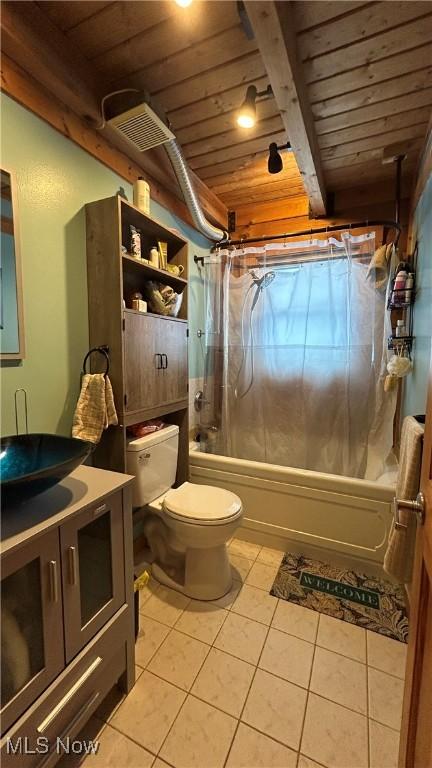 full bath with toilet, shower / tub combo, wood ceiling, vanity, and tile patterned floors