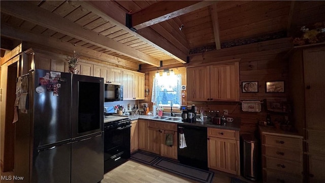 kitchen featuring a sink, wood ceiling, beam ceiling, black appliances, and dark countertops