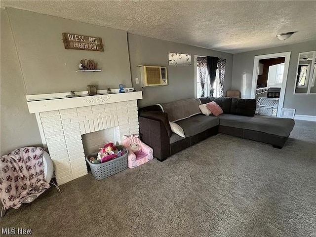 carpeted living area with a brick fireplace, a textured ceiling, and a wall mounted AC