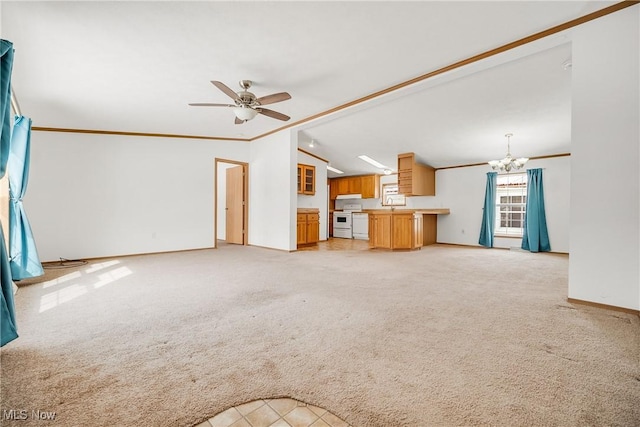 unfurnished living room with light carpet, baseboards, lofted ceiling, ornamental molding, and ceiling fan with notable chandelier