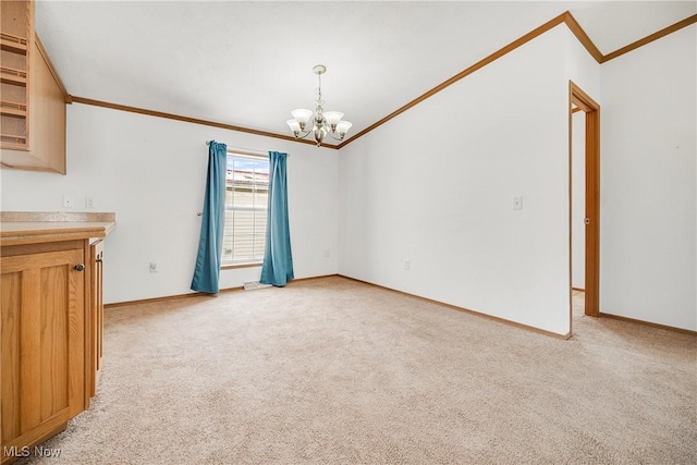 interior space featuring a notable chandelier, ornamental molding, baseboards, and light colored carpet