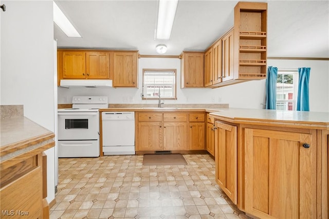 kitchen featuring under cabinet range hood, a peninsula, white appliances, a sink, and light countertops