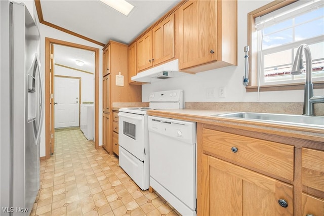 kitchen with range, dishwasher, stainless steel fridge with ice dispenser, light countertops, and under cabinet range hood
