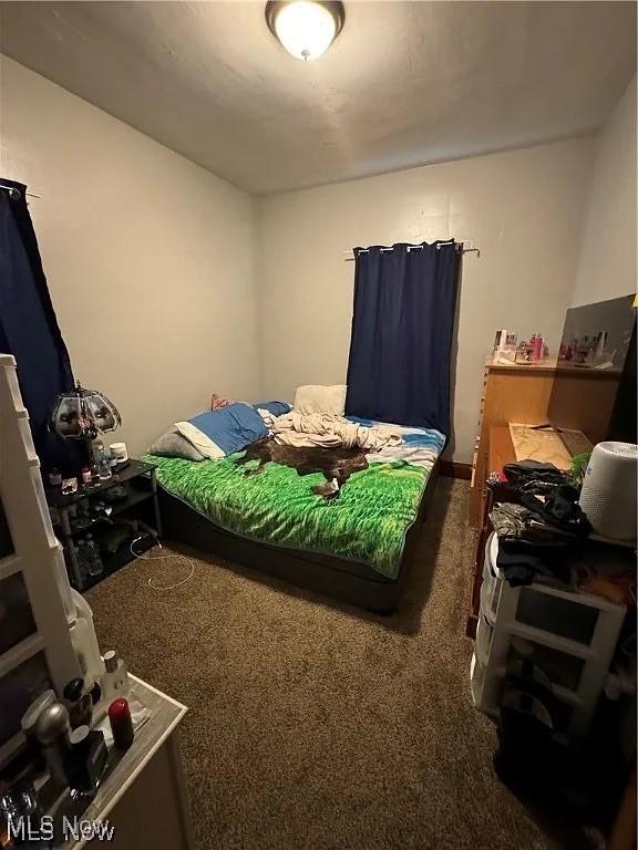 bedroom with dark carpet