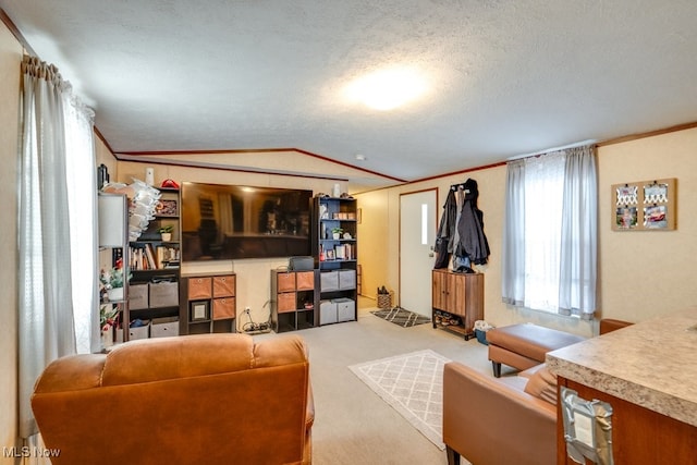 living room with light carpet, crown molding, and a textured ceiling