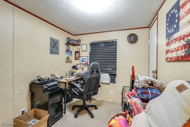 carpeted office featuring ornamental molding and a textured ceiling