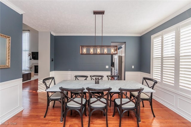 dining room featuring wainscoting, a textured ceiling, and wood finished floors