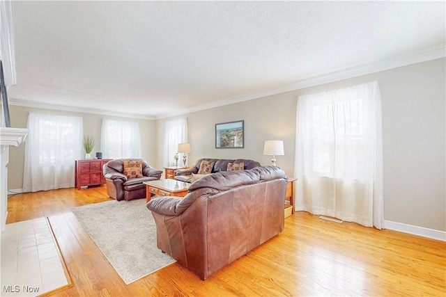 living room featuring baseboards, light wood-style flooring, a textured ceiling, crown molding, and a fireplace