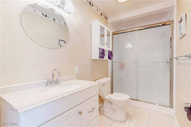 full bathroom featuring vanity, tile patterned flooring, a shower stall, and toilet