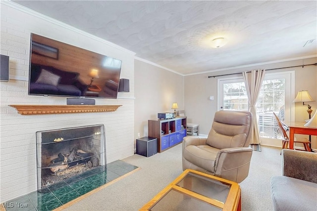 living room featuring a textured ceiling, carpet floors, ornamental molding, and a brick fireplace