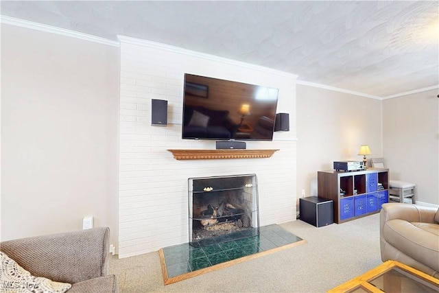 living room with a fireplace, crown molding, and carpet flooring