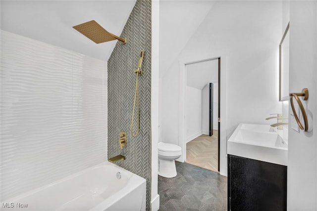 full bathroom with shower / bathtub combination, toilet, a sink, vaulted ceiling, and double vanity