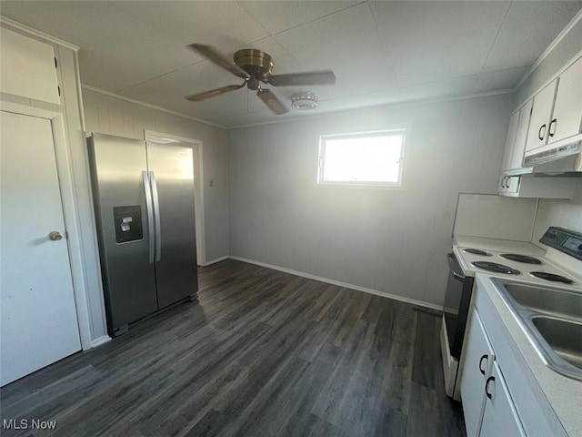 kitchen featuring white electric range oven, white cabinets, stainless steel fridge with ice dispenser, light countertops, and under cabinet range hood