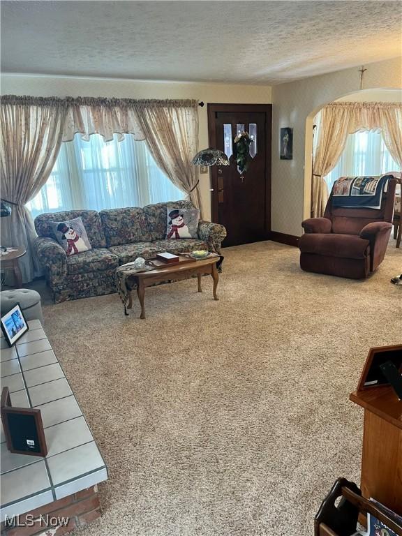 living area featuring a textured ceiling, carpet floors, and arched walkways