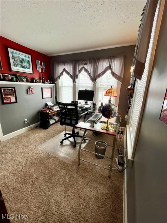 carpeted office space with baseboards and a textured ceiling