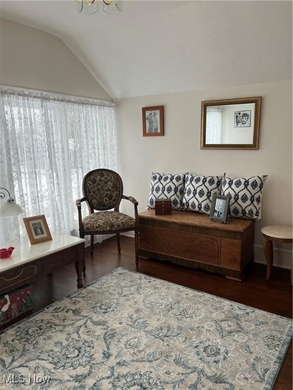 living area with dark wood-style flooring and vaulted ceiling