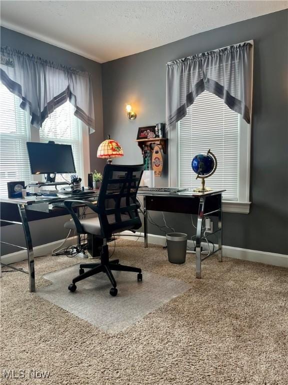 office space with a textured ceiling, carpet, and baseboards