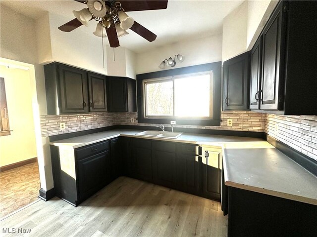 1519 Saint Clair Ave, East Liverpool, OH 43920 - kitchen featuring dark cabinetry, light wood-style flooring, a ceiling fan, and backsplash