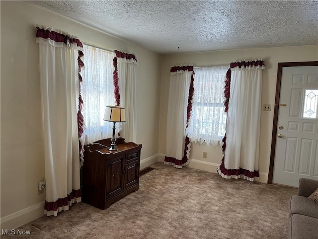 interior space with light carpet, plenty of natural light, a textured ceiling, and baseboards