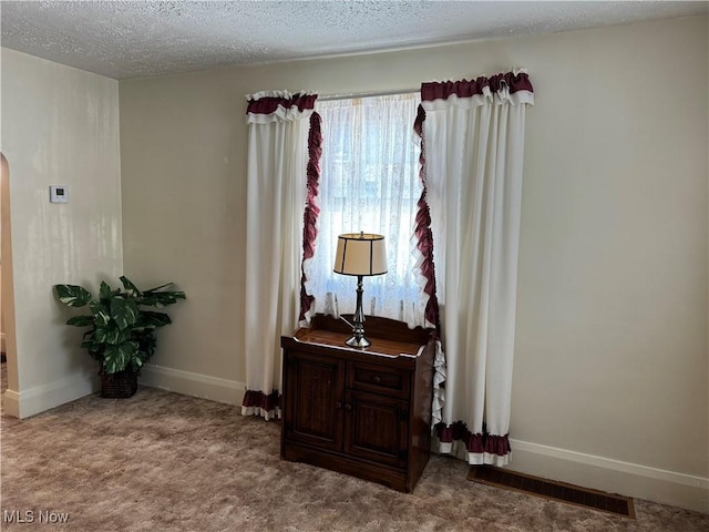 sitting room with arched walkways, visible vents, light colored carpet, a textured ceiling, and baseboards