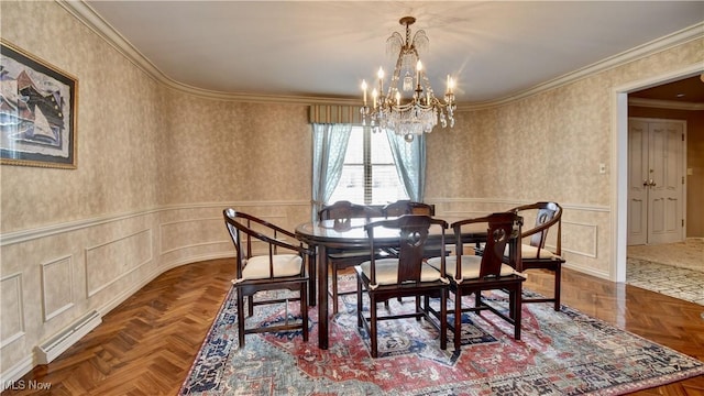 dining area featuring wallpapered walls, wainscoting, an inviting chandelier, and crown molding