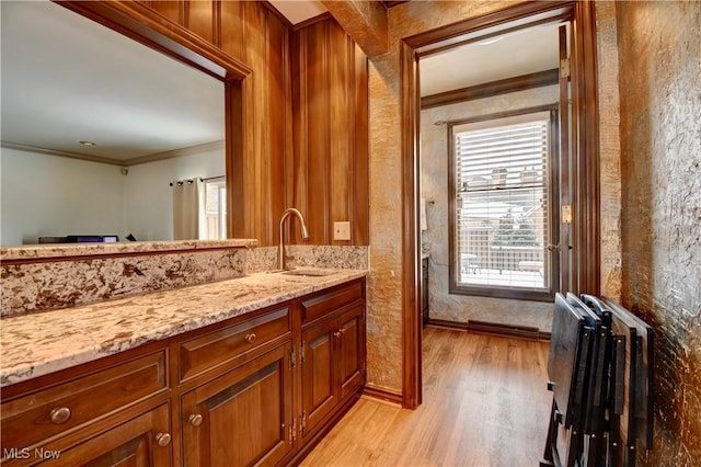 bathroom with ornamental molding, wood finished floors, vanity, and baseboards