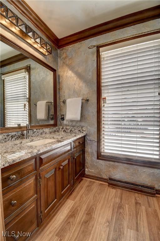 bathroom with wood finished floors, vanity, visible vents, and crown molding