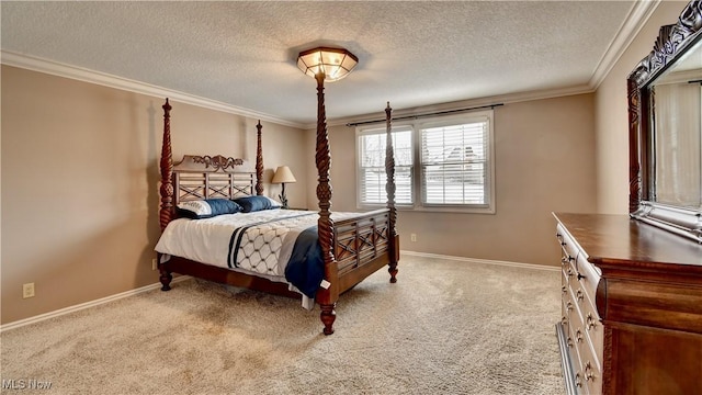 bedroom featuring light carpet, ornamental molding, a textured ceiling, and baseboards