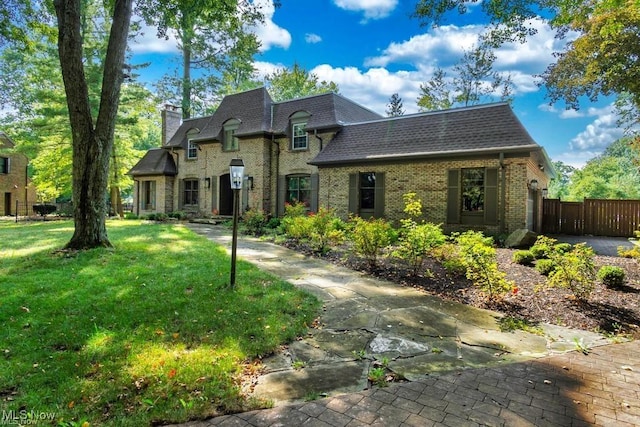 french provincial home with brick siding, roof with shingles, a chimney, a front yard, and fence