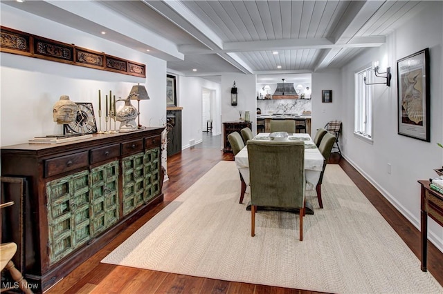 dining space with beam ceiling, a fireplace, recessed lighting, wood finished floors, and baseboards