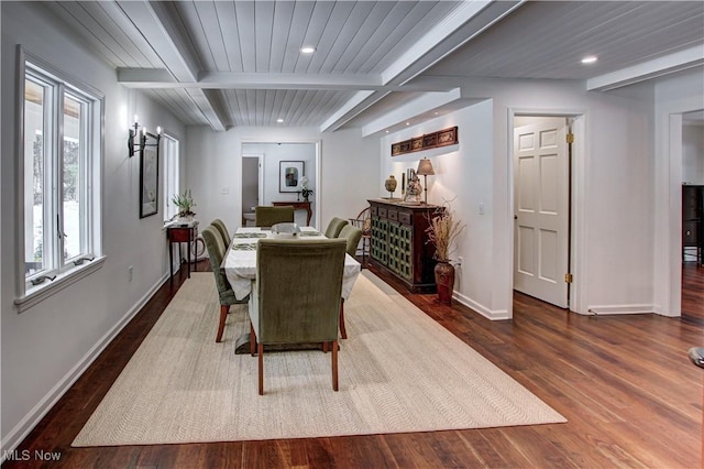 dining room with baseboards, dark wood finished floors, beam ceiling, and recessed lighting