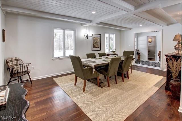 dining room featuring baseboards, dark wood finished floors, wood ceiling, beam ceiling, and recessed lighting