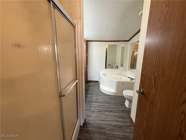 bathroom with a textured ceiling, a shower with shower door, wood finished floors, vanity, and crown molding